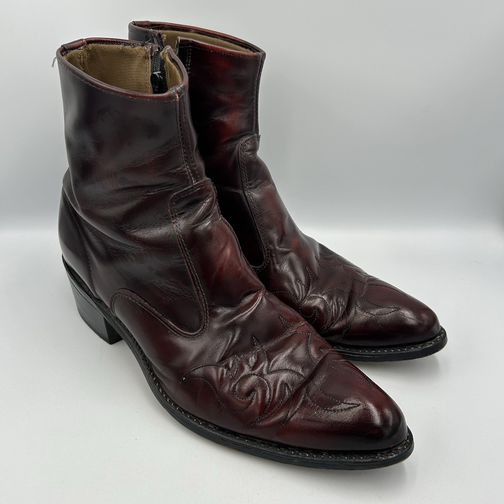 Vintage Burgundy Beatles Leather Zip Up Ankle Boots Western Pointed Toe Size 12